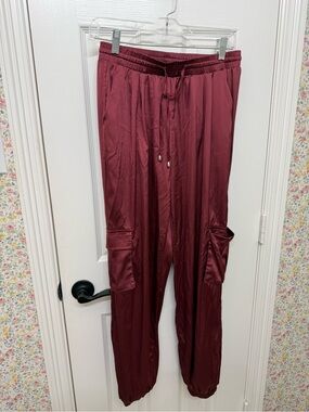 Women’s Burgundy Cargo Track Joggers with Drawstring Waist